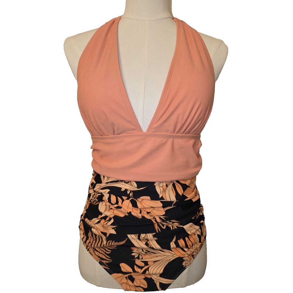 NWT L Women's One-Piece Halter Swimsuit Coral Floral by Cupshe MSRP $34